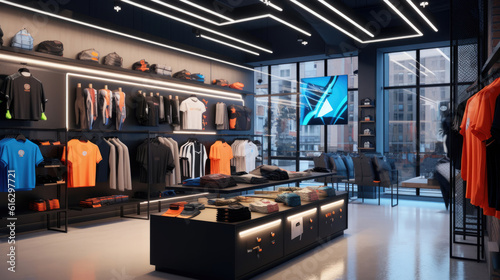 Trendy sports clothes apparel collection showcased in a sports store setup