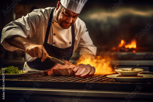 Close up of chef cooking a juicy steak, preparing a meal, restaurant cooking. Generative AI