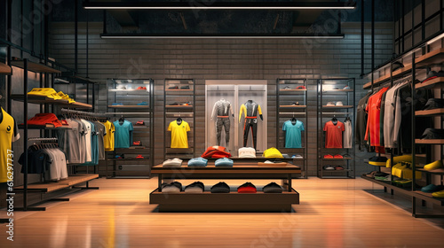 Trendy sports clothes apparel collection showcased in a sports store setup