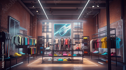 Trendy sports clothes apparel collection showcased in a sports store setup