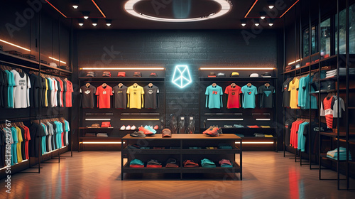 Trendy sports clothes apparel collection showcased in a sports store setup