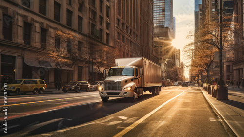 A truck is driving fast on busy city streets