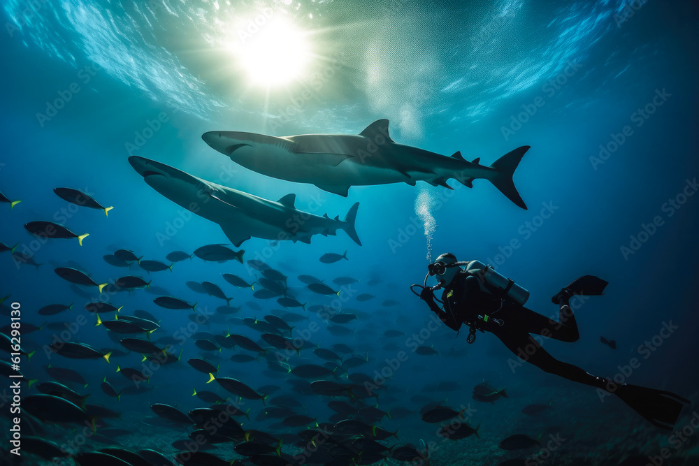 Obraz premium Scuba diver swimming underwater with sharks in a beautiful ocean wildlife surrounding. Generative AI