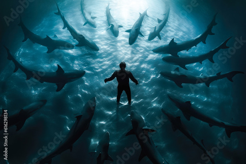 Deadly sharks forming a circle around a scuba diver underwater. Generative AI © MVProductions