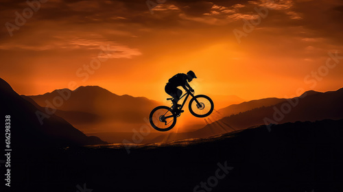 Silhouette of a mountain biker enjoying downhill during the sunset. Mountain bike concept. Mountain bike race - silhouette cyclist on background.