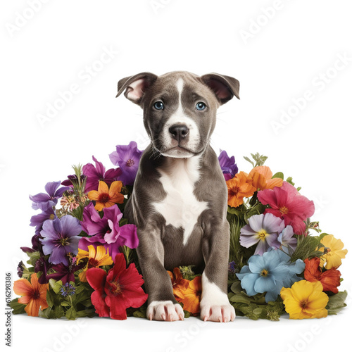 Gray and White Itty Bitty Pitty Pitbull Puppy in summer flowers photo