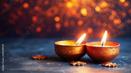 Diya clay lamps are lit during the Indian Diwali celebration. Greeting card design. Indian Hindu festival of light Diwali. burning candles background. generative ai