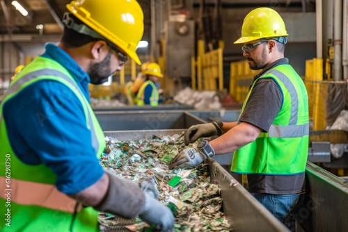 Workers sorting trash on conveyor belt, organizing trash to be recycled