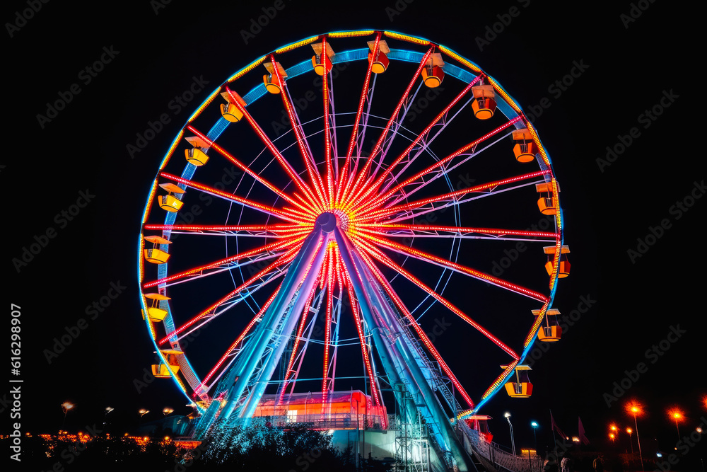 Ferris wheel ride glowing in the dark in an amusement park, fairground rides on outdoor area, entertainment activity. Generative AI