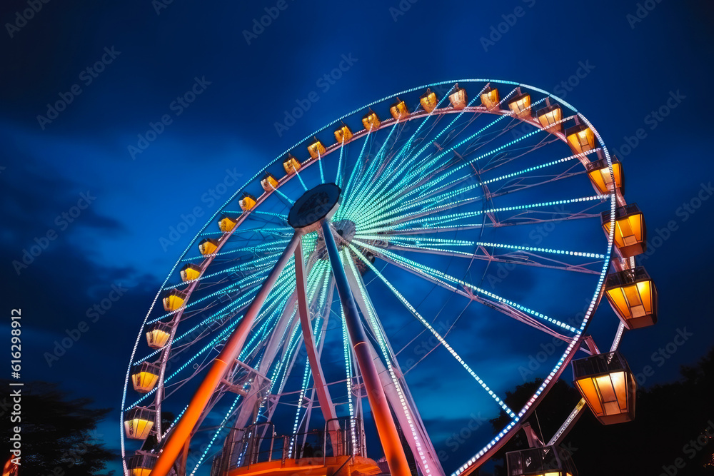 Ferris wheel ride glowing in the dark in an amusement park, fairground rides on outdoor area, entertainment activity. Generative AI Ferris wheel ride glowing in the dark in an amusement park, fairground rides on outdoor area, entertainment activity. Generative AI