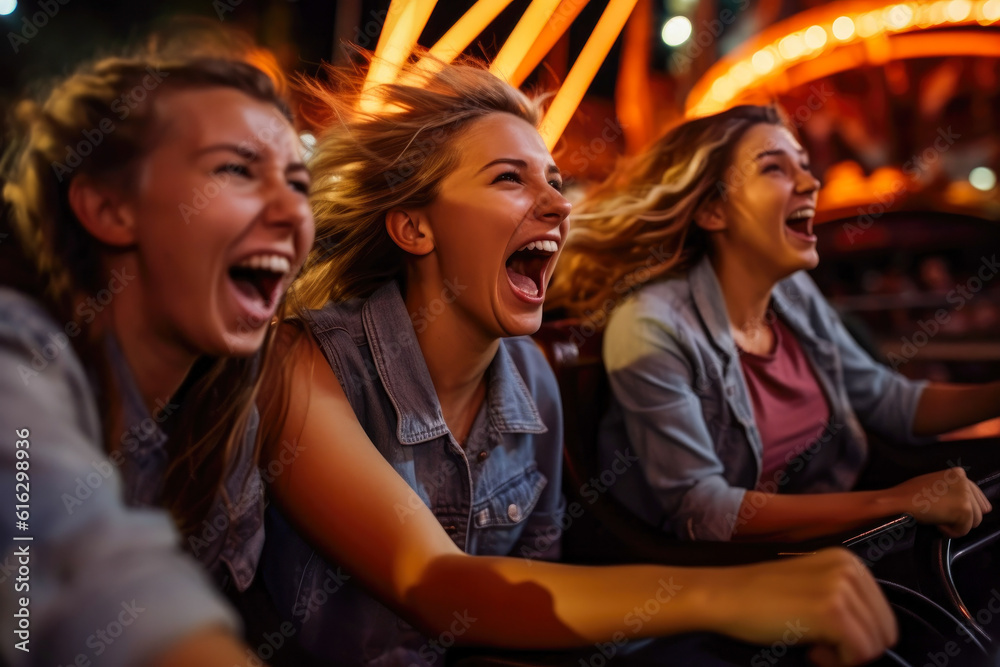 People cheering and enjoying a roller coaster ride at the amusement park at night. Generative AI