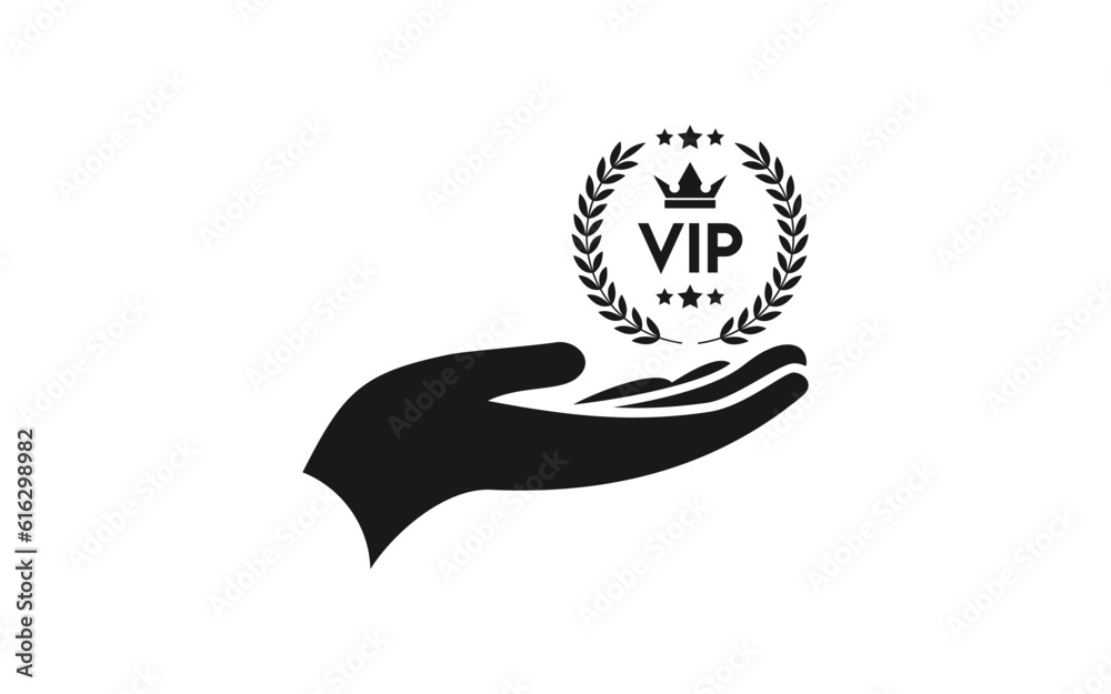 VIP badge on hand icon, Hand holding Vip badge icon isolated on white background VIP badge on hand icon, Hand holding Vip badge icon isolated on white background