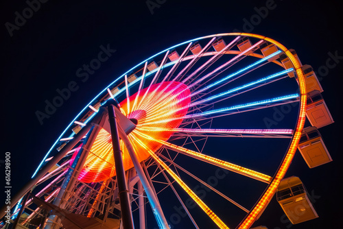 Ferris wheel ride glowing in the dark in an amusement park  fairground rides on outdoor area  entertainment activity. Generative AI