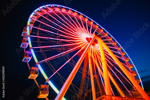 Ferris wheel ride glowing in the dark in an amusement park, fairground rides on outdoor area, entertainment activity. Generative AI