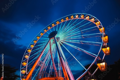 Ferris wheel ride glowing in the dark in an amusement park  fairground rides on outdoor area  entertainment activity. Generative AI