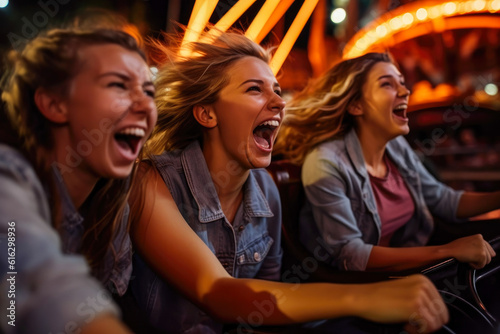 People cheering and enjoying a roller coaster ride at the amusement park at night. Generative AI © MVProductions