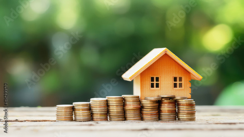 Model of a mini-house and a stack of coins on a background of green leaves. The concept of investment property. real estate investment, country house deposits. generative ai
