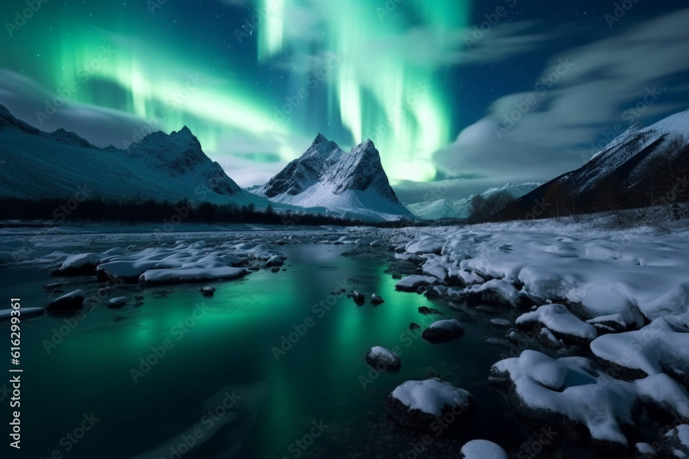 Northern Lights, Majestic Aurora Borealis Dancing over Snow-Capped Peaks