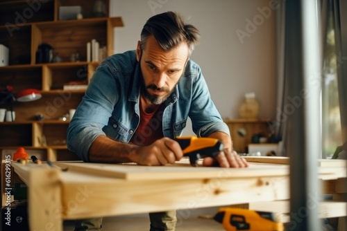 Handsome handy man assembling furniture in indoor space, focus on work. Generative AI