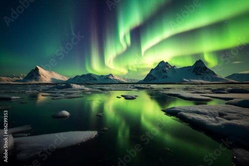 Northern Lights, Majestic Aurora Borealis Dancing over Snow-Capped Peaks