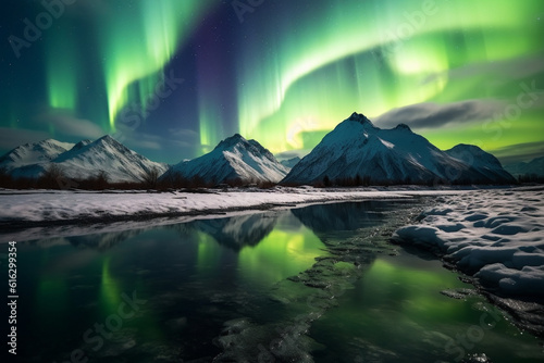 Northern Lights, Majestic Aurora Borealis Dancing over Snow-Capped Peaks © dehrig