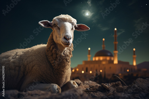 Photo of sheep with mosque background beautiful scene AI generated