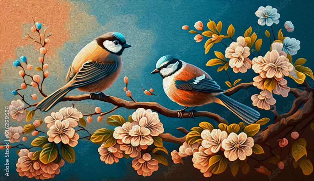 Oil painting, flowers and two birds on tree