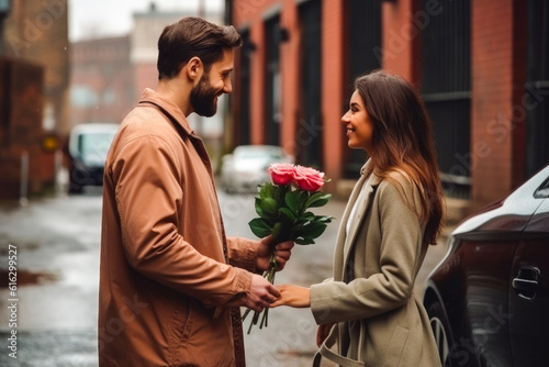 Handsome man giving a bouquet of flowers to a beautiful woman smiling. Generative AI