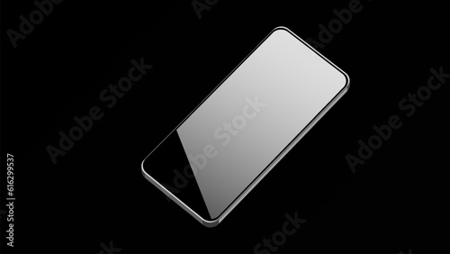 Glossy smartphone with reflection and a white screen on a black background. Mobile phone mockup.