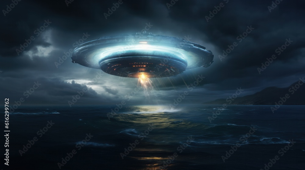 An alien spaceship flying over the ocean. Unidentified flying object (UFO), or unexplained anomalous phenomenon (UAP). An alien spaceship flying over the ocean. Unidentified flying object (UFO), or unexplained anomalous phenomenon (UAP).