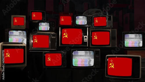 Flag of Soviet Union USSR and Vintage Televisions. 4K Resolution.