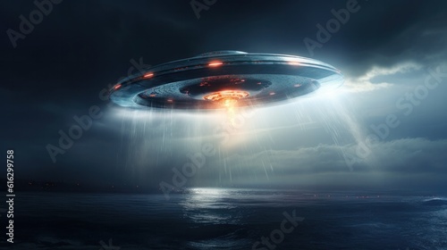 An alien spaceship flying over the ocean. Unidentified flying object (UFO), or unexplained anomalous phenomenon (UAP).
