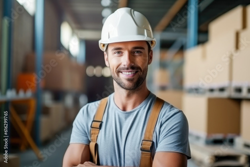 Portrait of handsome young positive male builder smiling with his helmet on the head. Generative AI