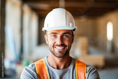 Portrait of handsome young positive male builder smiling with his helmet on the head. Generative AI © MVProductions