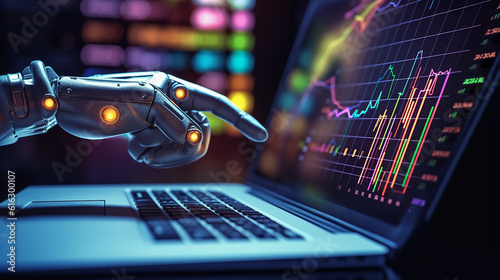 A laptop with a robot hand trading stocks