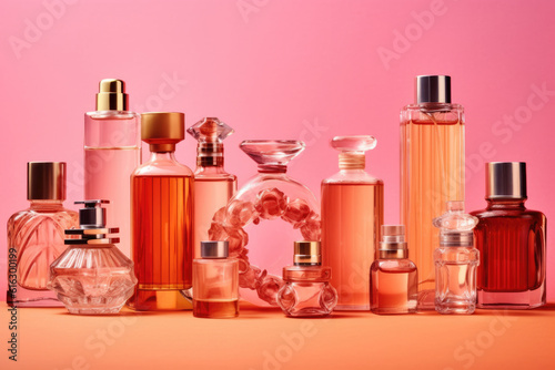 perfume bottles. a lot of transparent multi-colored glass bottles of cosmetics on a pink background. ai generative