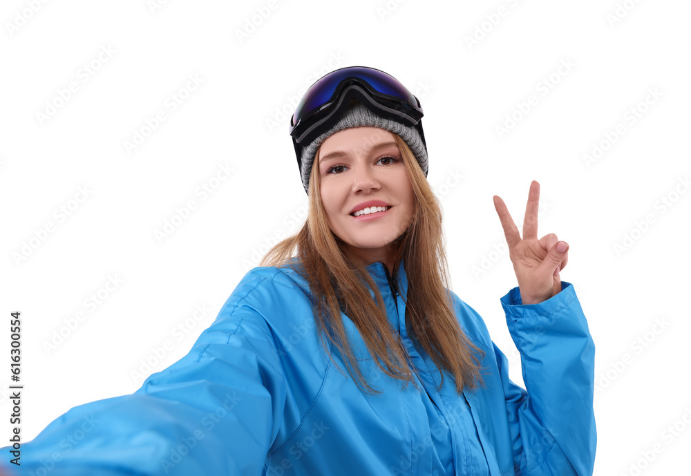 Beautiful woman in ski goggles taking selfie on white background Beautiful woman in ski goggles taking selfie on white background