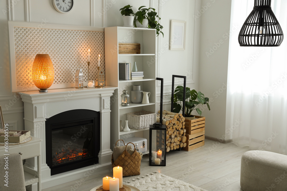 Stylish living room with beautiful fireplace and different decor. Interior design