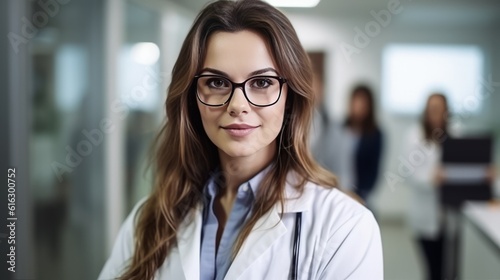 Portrait of female doctor in the hospital lobby. Created with Generative AI technology.