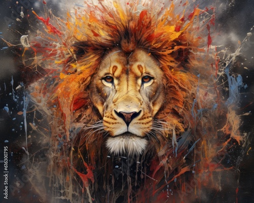 lion  form and spirit through an abstract lens. dynamic and expressive lion print by using bold brushstrokes  splatters  and drips of paint. lion raw power and untamed energy 