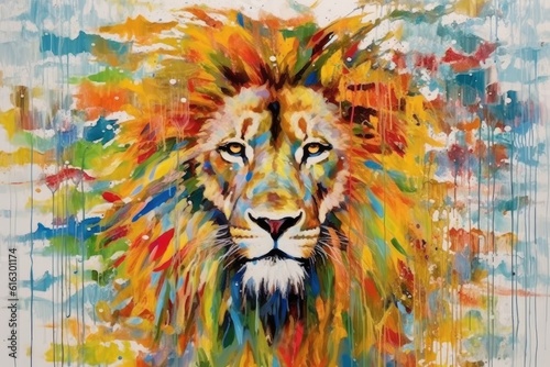 lion form and spirit through an abstract lens. dynamic and expressive lion print by using bold brushstrokes, splatters, and drips of paint. lion raw power and untamed energy