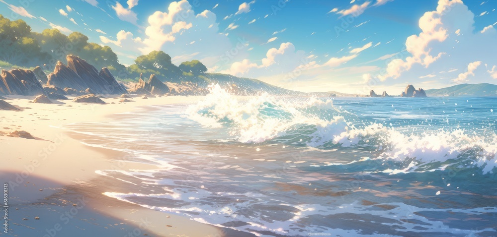 anime styled beach with crashing wave 