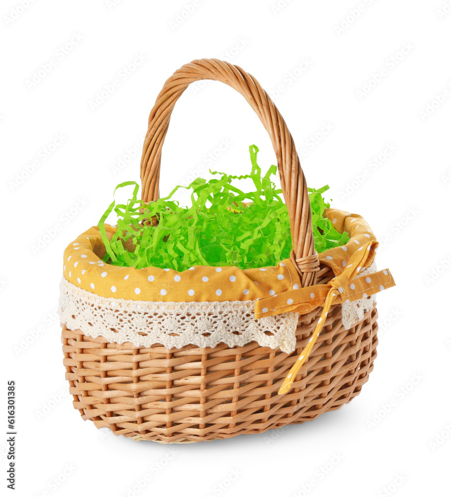 Easter wicker basket with decorated grass isolated on white Easter wicker basket with decorated grass isolated on white
