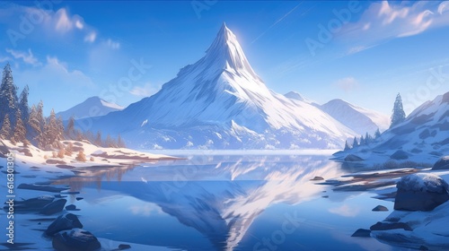 anime styled glacier with an icy blue hue with reflection on water 