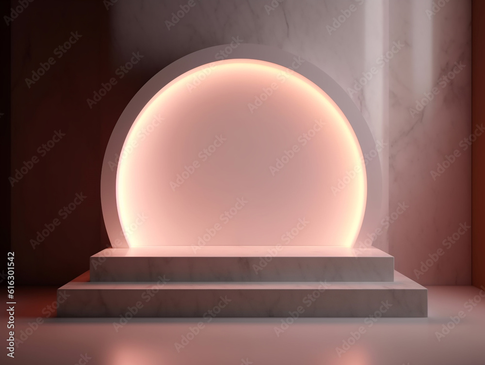 Fototapeta premium podium pedestal product display background in Marble natural pink and white shiny LED with texture and shadow, luxury, elegant, modern, minimal created with Generative AI