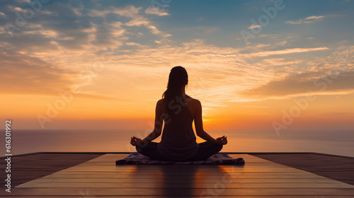 Yoga woman meditating and practicing yoga at home, sea and sunset background