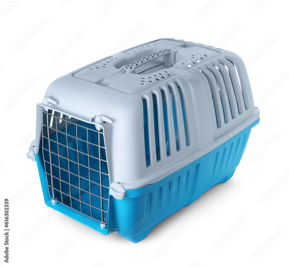 Light blue pet carrier isolated on white Light blue pet carrier isolated on white