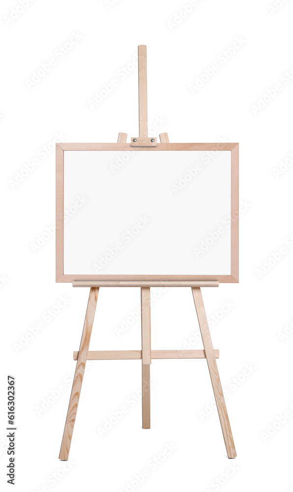 Wooden easel with blank canvas on white background. Mockup for design Wooden easel with blank canvas on white background. Mockup for design