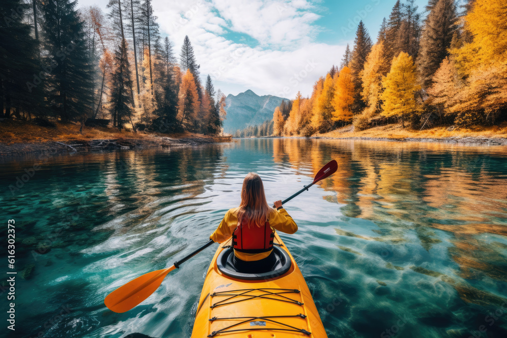 Woman Kayaking in the Ocean on Vacation - obrazy, fototapety, plakaty 