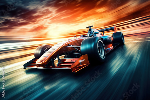 Racing car at high speed. Racer on a racing car passes the track. Motor sports competitive team racing. Motion blur background © Boraryn
